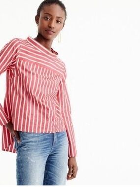 J. Crew Red and White Striped Funnel Neck Long-Sleeve Top